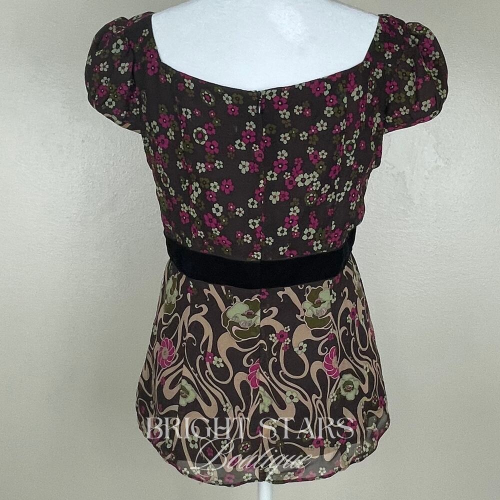 Rare Vintage Silk Floral Top ASO Rory Gilmore Girls Brown Pink Blouse Cap Sleeve - Picture 7 of 11